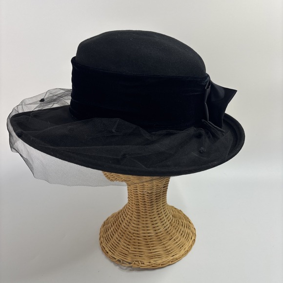 VTG Betmar Plaza Suite Black Wool Wide Brim Picture Hat Velvet Band Bow Netting main image 11